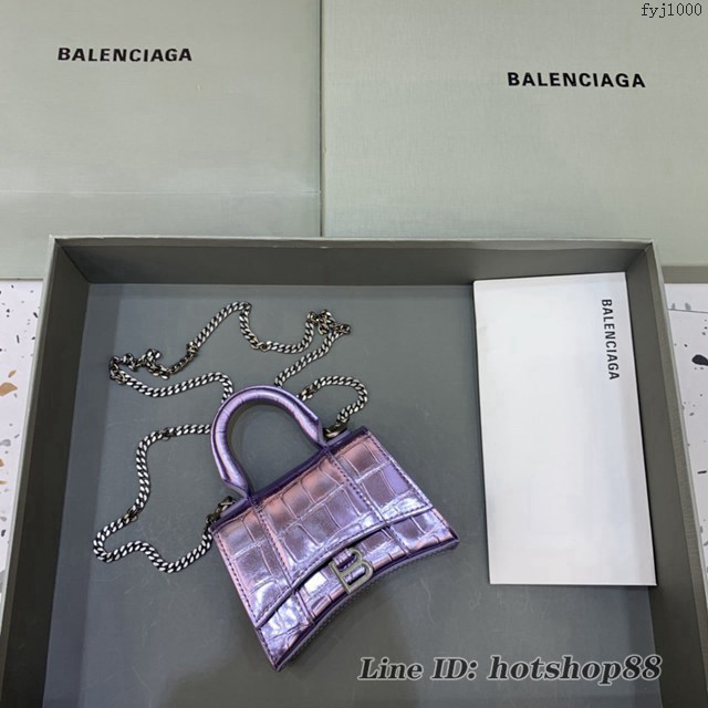 Balenciaga專櫃爆款手提女包 巴黎世家鱷魚紋星空紫mini Hourglass沙漏包 fyj1000