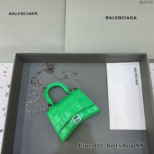 Balenciaga專櫃爆款手提女包 巴黎世家鱷魚紋牛皮新綠色銀扣mini Hourglass沙漏包 fyj1004