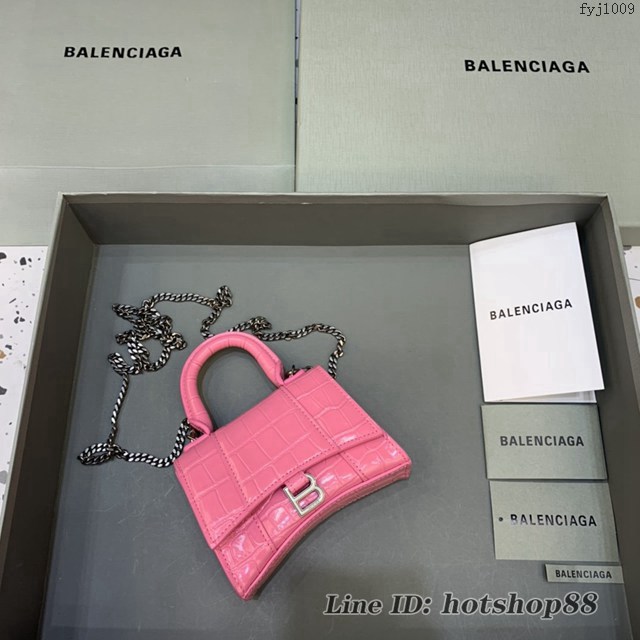 Balenciaga專櫃爆款手提女包 巴黎世家鱷魚紋牛皮粉紅mini Hourglass沙漏包 fyj1009