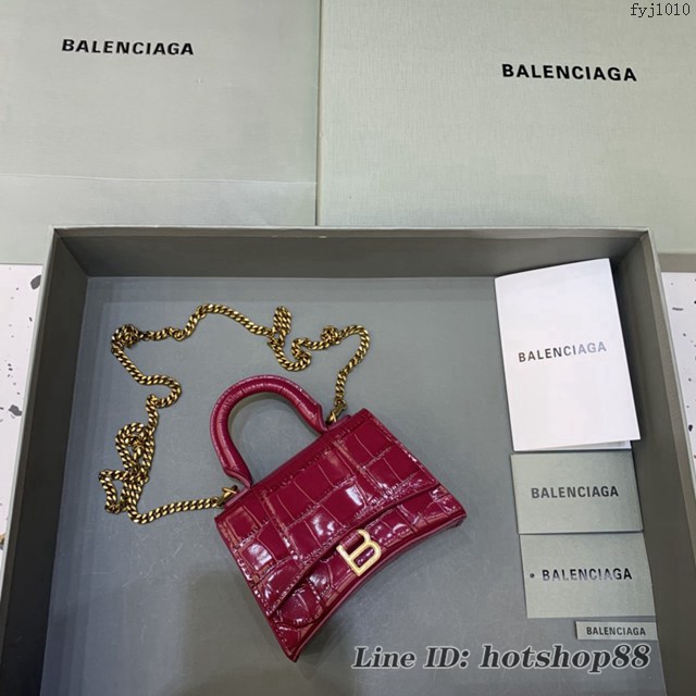 Balenciaga專櫃爆款手提女包 巴黎世家鱷魚紋牛皮櫻桃紅mini Hourglass沙漏包 fyj1010