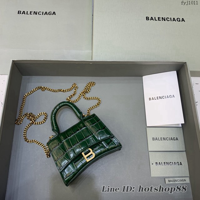 Balenciaga專櫃爆款手提女包 巴黎世家鱷魚紋牛皮墨綠mini Hourglass沙漏包 fyj1011