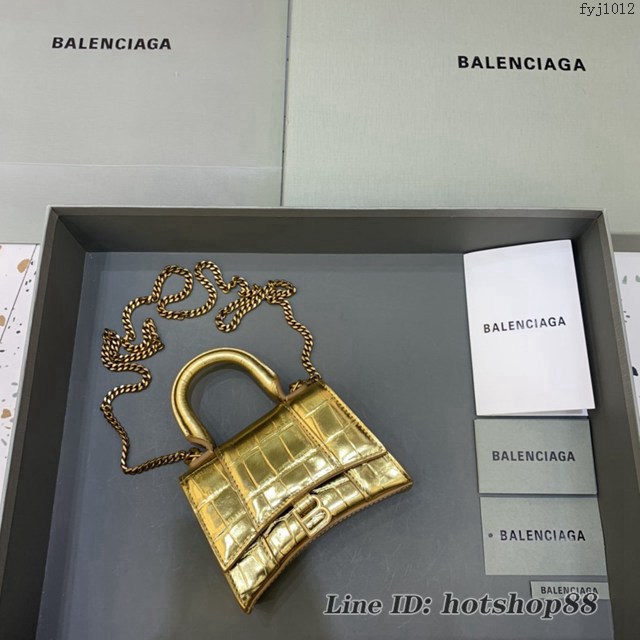 Balenciaga專櫃爆款手提女包 巴黎世家鱷魚紋牛皮金色mini Hourglass沙漏包 fyj1012