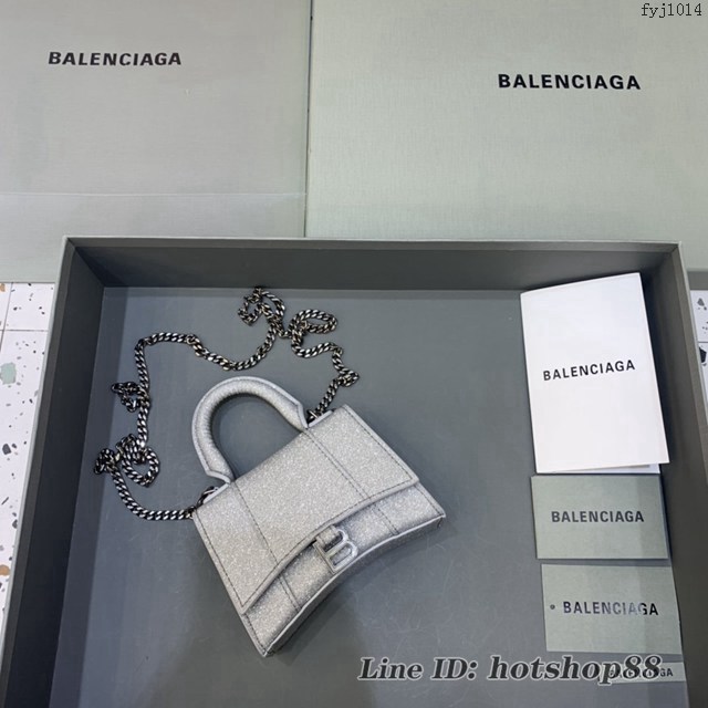 Balenciaga專櫃爆款手提女包 巴黎世家閃銀色mini Hourglass沙漏包 fyj1014