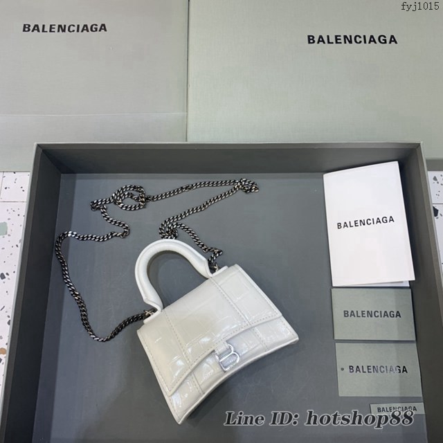 Balenciaga專櫃爆款手提女包 巴黎世家鱷魚紋牛皮白色銀扣mini Hourglass沙漏包 fyj1015