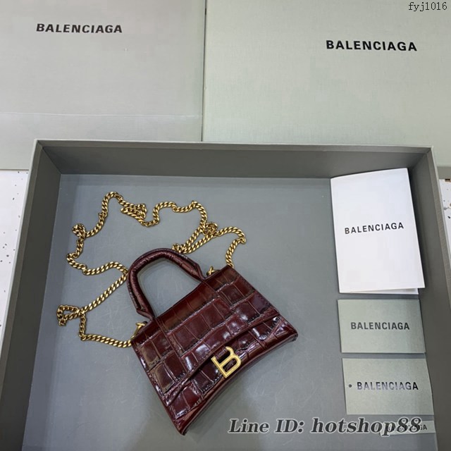 Balenciaga專櫃爆款手提女包 巴黎世家鱷魚紋牛皮棗紅色mini Hourglass沙漏包 fyj1016