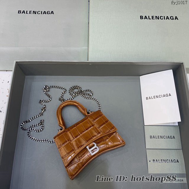 Balenciaga專櫃爆款手提女包 巴黎世家鱷魚紋牛皮焦糖色mini Hourglass沙漏包 fyj1017