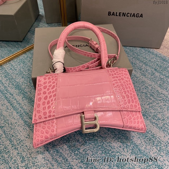 Balenciaga專櫃爆款手提肩背女包 巴黎世家鱷魚紋牛皮櫻花粉Hourglass沙漏包 fyj1018