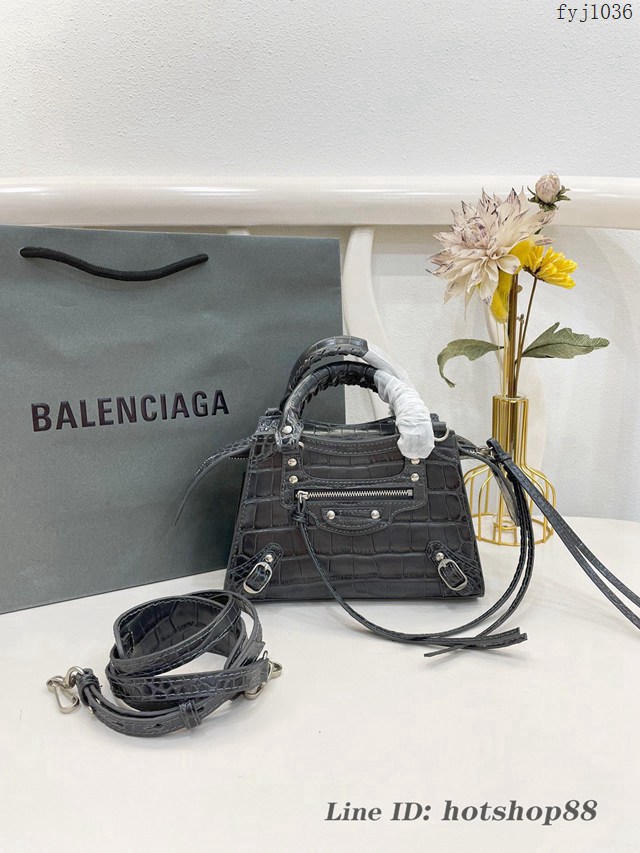 Balenciaga專櫃爆款鱷魚紋系列新版機車包 巴黎世家經典Neo Classic Mini炭灰色鱷魚紋手提女包 fyj1036