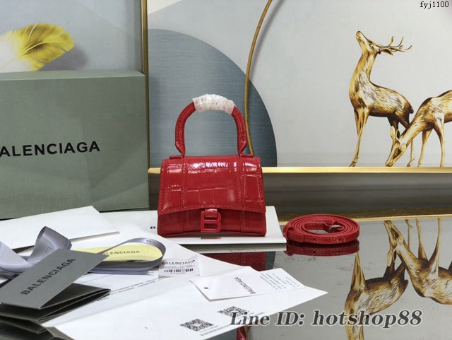 Balenciaga專櫃爆款升級版大紅漆扣鱷魚紋沙漏包 巴黎世家mini Hourglass沙漏包 fyj1100