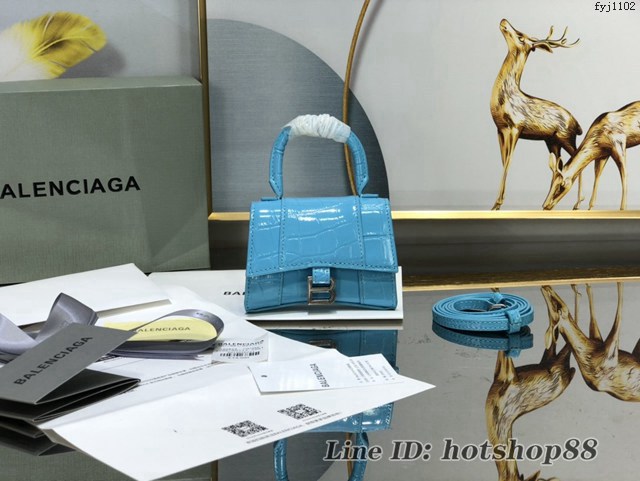 Balenciaga專櫃爆款升級版湖水藍鱷魚紋沙漏包 巴黎世家mini Hourglass沙漏包 fyj1102