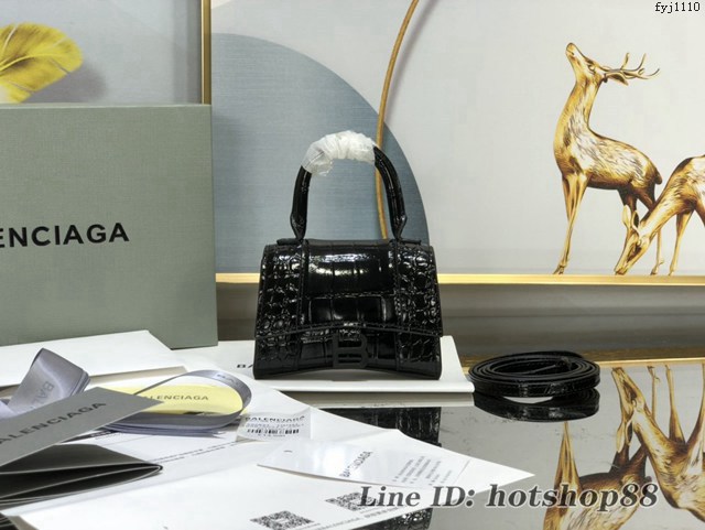 Balenciaga專櫃爆款升級版黑槍鱷魚紋沙漏包 巴黎世家mini Hourglass沙漏包 fyj1110