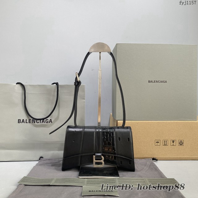 Balenciaga專櫃爆款小號拼接黑肩背女包 巴黎世家Hourglass Multibelt沙漏包 款號：92940 fyj1157