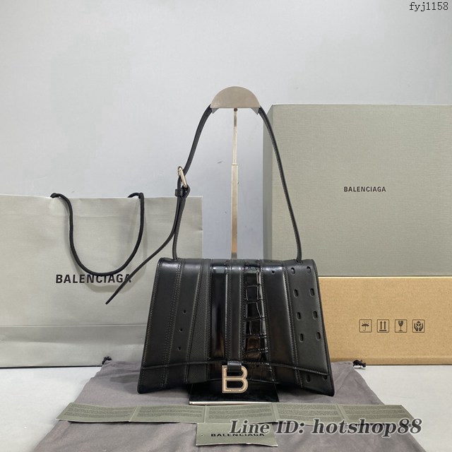 Balenciaga專櫃爆款小號拼接黑肩背女包 巴黎世家Hourglass Multibelt沙漏包 款號：92940 fyj1158