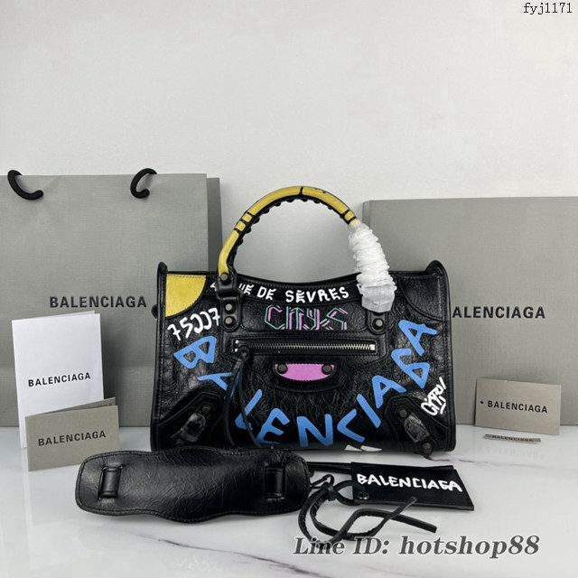 Balenciaga專櫃爆款塗鴉機車包 巴黎世家手提單肩背款原廠爆裂綿羊皮中號塗鴉包 fyj1171