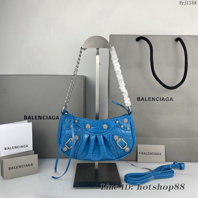 Balenciaga專櫃爆款le cagole迷你鏈條機車包 巴黎世家鱷魚蘭色五金銀帶鑽女包 fyj1184