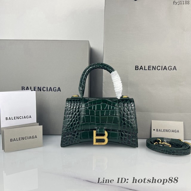 Balenciaga專櫃爆款墨綠鱷魚紋金扣手提女包 巴黎世家原廠xs號Hourglass沙漏包 款號：8896 fyj1188