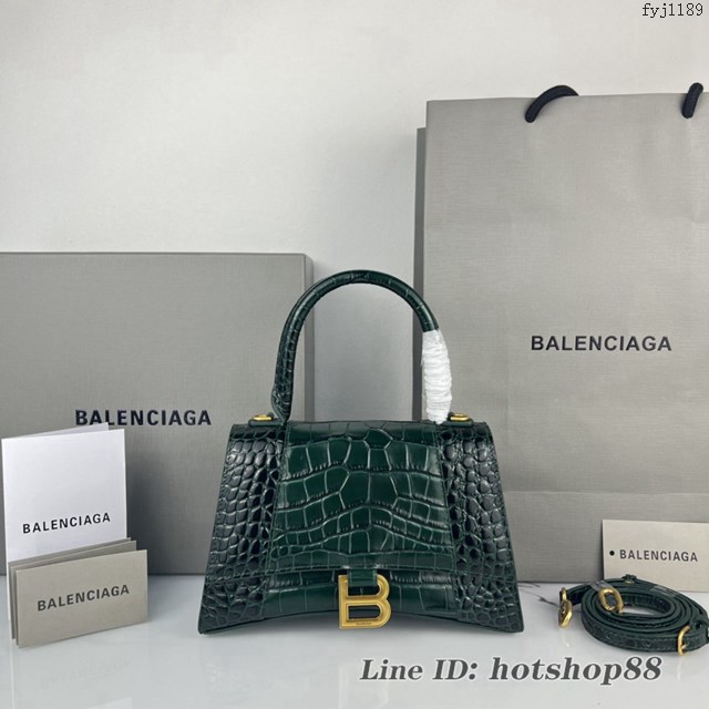 Balenciaga專櫃爆款墨綠鱷魚紋金扣手提女包 巴黎世家原廠S號Hourglass沙漏包 款號：8895 fyj1189