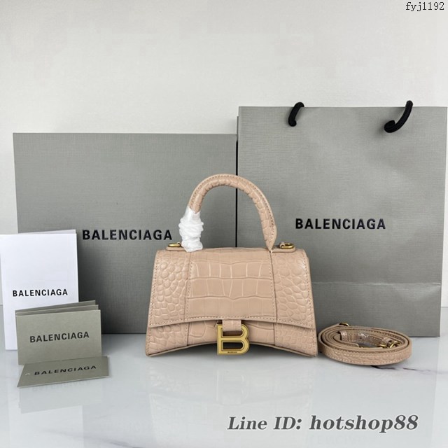 Balenciaga專櫃爆款裸粉鱷魚紋金扣手提女包 巴黎世家原廠xs號Hourglass沙漏包 款號：8896 fyj1192