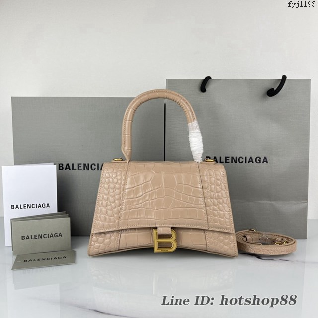 Balenciaga專櫃爆款裸粉鱷魚紋金扣手提女包 巴黎世家原廠S號Hourglass沙漏包 款號：8895 fyj1193