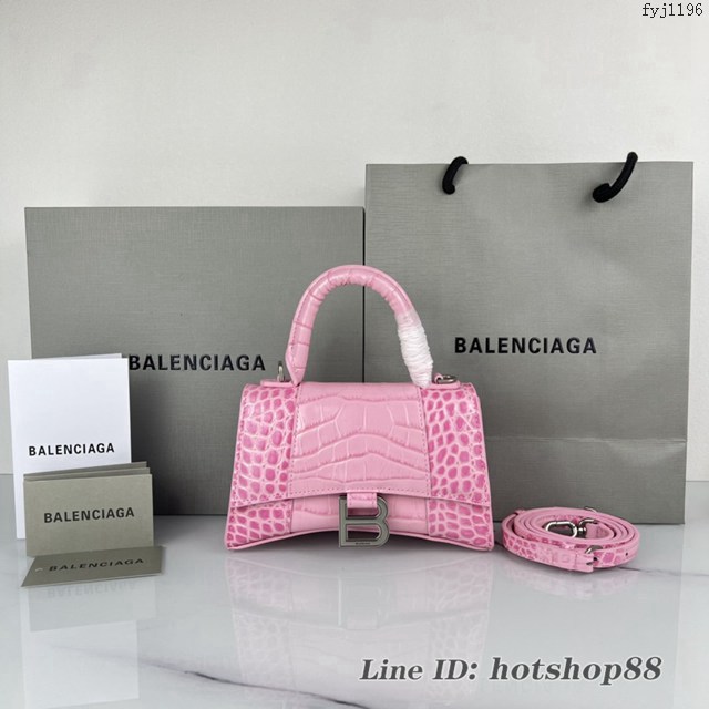 Balenciaga專櫃爆款櫻花粉鱷魚紋銀扣手提女包 巴黎世家原廠xs號Hourglass沙漏包 款號：8896 fyj1196