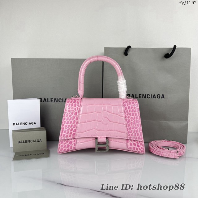 Balenciaga專櫃爆款櫻花粉鱷魚紋銀扣手提女包 巴黎世家原廠S號Hourglass沙漏包 款號：8895 fyj1197