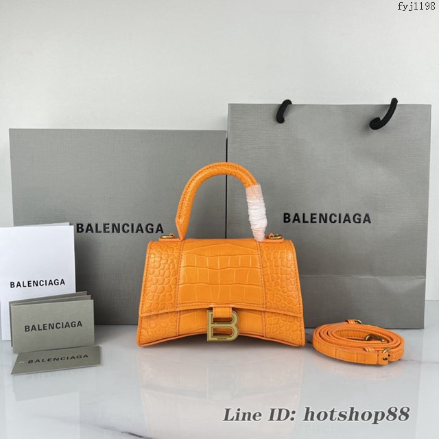 Balenciaga專櫃爆款橙色鱷魚紋金扣手提女包 巴黎世家原廠xs號Hourglass沙漏包 款號：8896 fyj1198