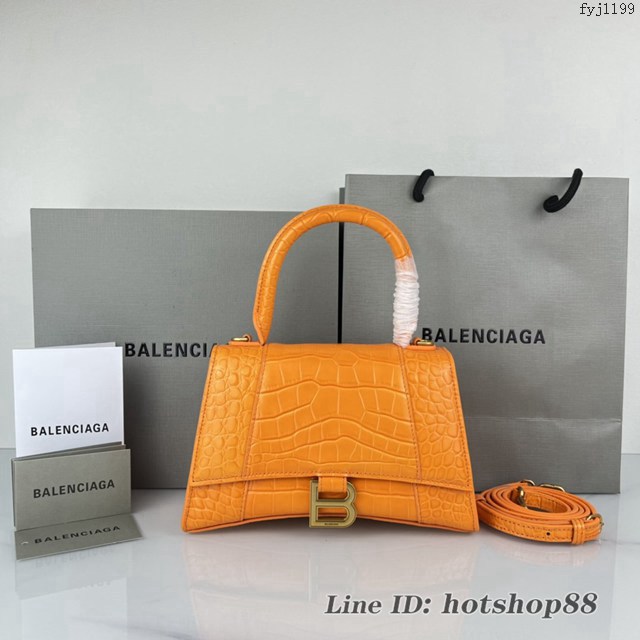 Balenciaga專櫃爆款橙色鱷魚紋金扣手提女包 巴黎世家原廠S號Hourglass沙漏包 款號：8895 fyj1199