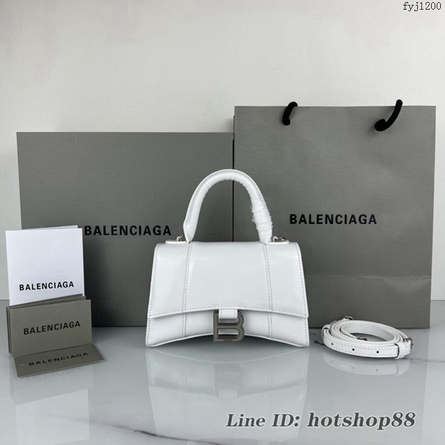 Balenciaga專櫃爆款白色平紋銀扣手提女包 巴黎世家原廠xs號Hourglass沙漏包 款號：8896 fyj1200