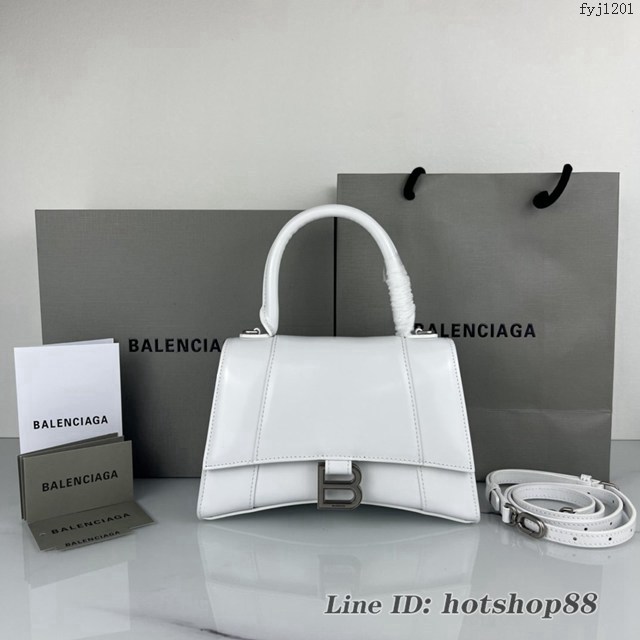 Balenciaga專櫃爆款白色平紋銀扣手提女包 巴黎世家原廠S號Hourglass沙漏包 款號：8895 fyj1201