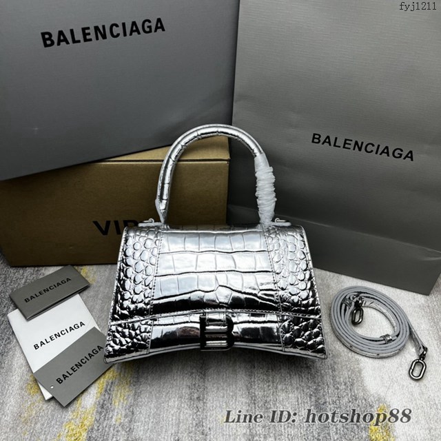 Balenciaga專櫃爆款鱷魚紋銀色中號Hourglass沙漏包 巴黎世家頂級原單手提肩背包 fyj1211