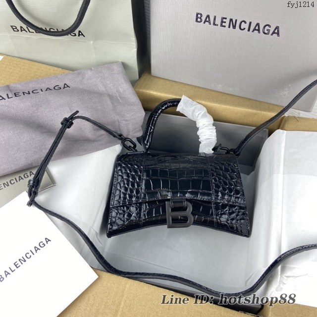 Balenciaga專櫃爆款鱷魚紋黑色黑扣Hourglass沙漏包 巴黎世家頂級原單手提肩背包 fyj1214