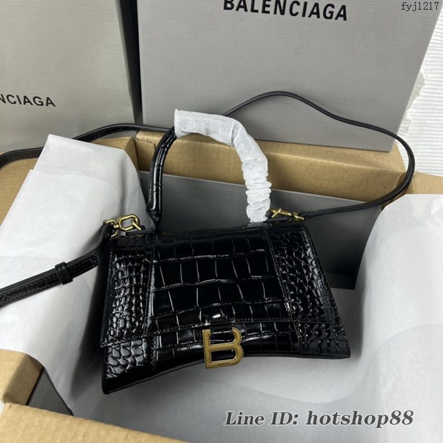 Balenciaga專櫃爆款鱷魚紋黑色金扣中號Hourglass沙漏包 巴黎世家頂級原單手提肩背包 fyj1217