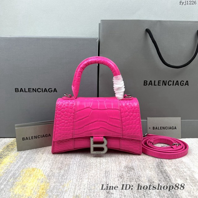 Balenciaga專櫃爆款玫紅xs號鱷魚紋Hourglass沙漏包 巴黎世家頂級原單手提肩背包 款號：8896 fyj1226