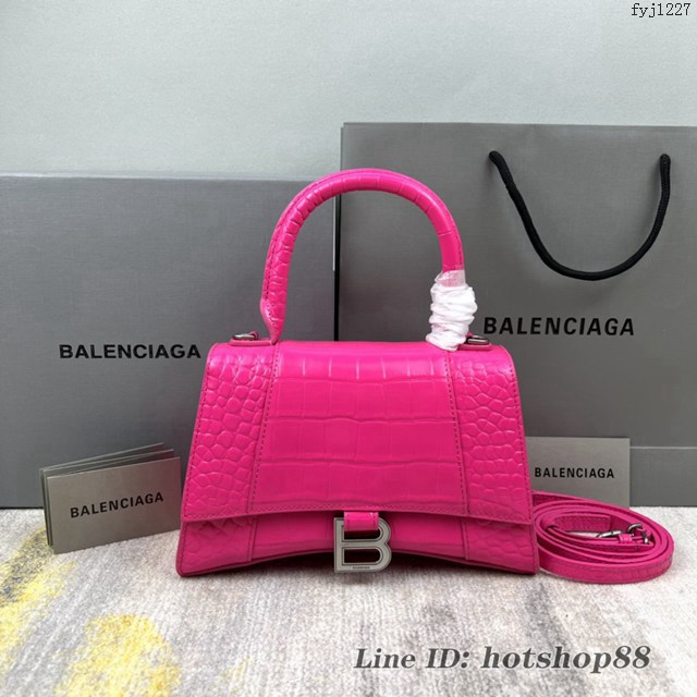 Balenciaga專櫃爆款玫紅鱷魚紋S號Hourglass沙漏包 巴黎世家頂級原單手提肩背包 款號：8895 fyj1227