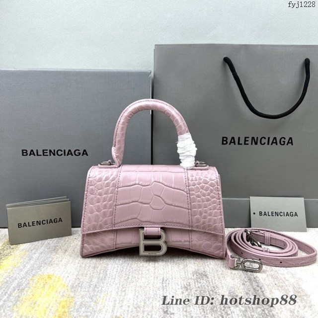 Balenciaga專櫃爆款胭脂粉xs號鱷魚紋Hourglass沙漏包 巴黎世家頂級原單手提肩背包 款號：8896 fyj1228