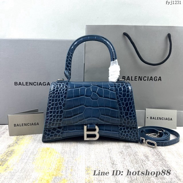 Balenciaga專櫃爆款灰藍鱷魚紋S號Hourglass沙漏包 巴黎世家頂級原單手提肩背包 款號：8895 fyj1231