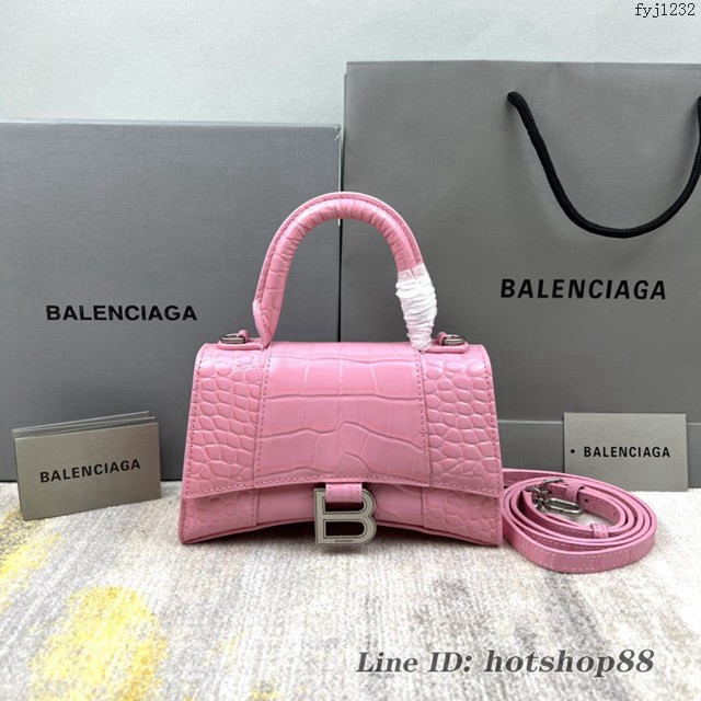 Balenciaga專櫃爆款淺粉xs號鱷魚紋Hourglass沙漏包 巴黎世家頂級原單手提肩背包 款號：8896 fyj1232