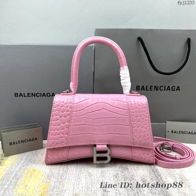 Balenciaga專櫃爆款淺粉鱷魚紋S號Hourglass沙漏包 巴黎世家頂級原單手提肩背包 款號：8895 fyj1233