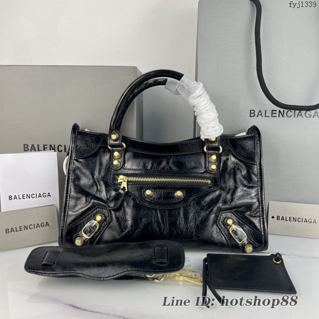 Balenciaga專櫃爆款手提女包 巴黎世家原版油蠟頭層牛皮香皮鳳梨金釘中號機車包 fyj1339