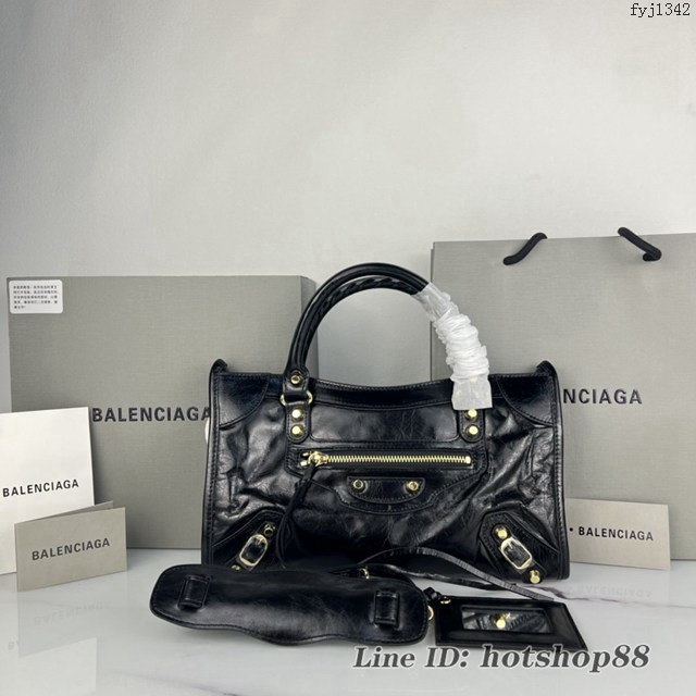 Balenciaga專櫃爆款手提女包 巴黎世家原版油蠟頭層牛皮香皮鳳梨金釘中號機車包 fyj1342