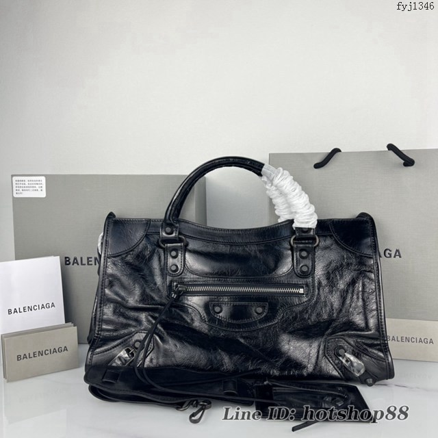 Balenciaga專櫃爆款手提女包 巴黎世家原版油蠟頭層牛皮香皮鳳梨金釘迷大號機車包 fyj1346