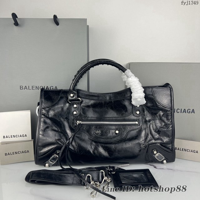 Balenciaga專櫃爆款手提女包 巴黎世家原版油蠟頭層牛皮香皮鳳梨金釘迷大號機車包 fyj1349