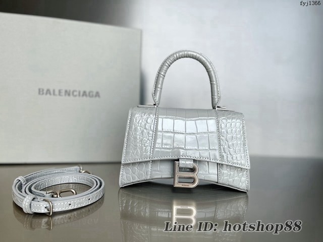 Balenciaga專櫃新款升級版鱷魚紋灰色手提包肩背女包 巴黎世家原廠皮版本XS號沙漏包 fyj1366