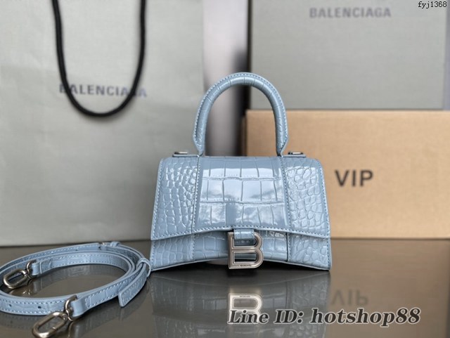 Balenciaga專櫃新款升級版鱷魚紋霧霾藍/銀扣手提包肩背女包 巴黎世家原廠皮版本XS號沙漏包 fyj1368