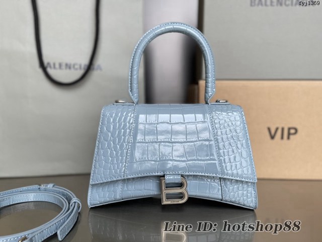 Balenciaga專櫃新款升級版鱷魚紋霧霾藍手提包肩背女包 巴黎世家原廠皮版本S號沙漏包 fyj1369