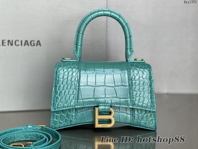 Balenciaga專櫃新款升級版鱷魚紋湖水綠手提包肩背女包 巴黎世家原廠皮版本XS號沙漏包 fyj1372