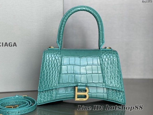 Balenciaga專櫃新款升級版鱷魚紋湖水綠手提包肩背女包 巴黎世家原廠皮版本S號沙漏包 fyj1373