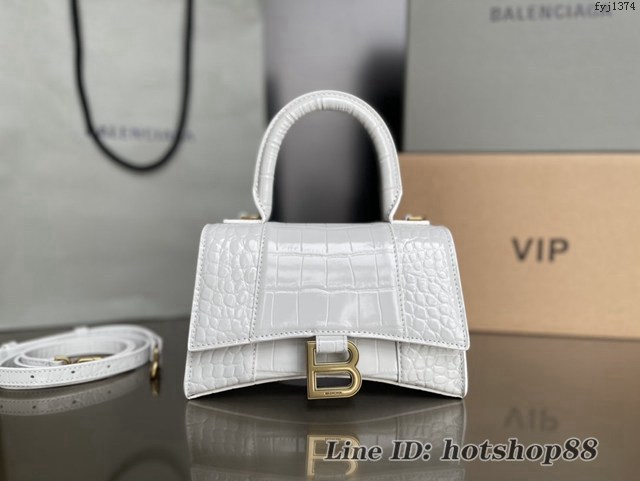 Balenciaga專櫃新款升級版鱷魚紋白色手提包肩背女包 巴黎世家原廠皮版本XS號沙漏包 fyj1374