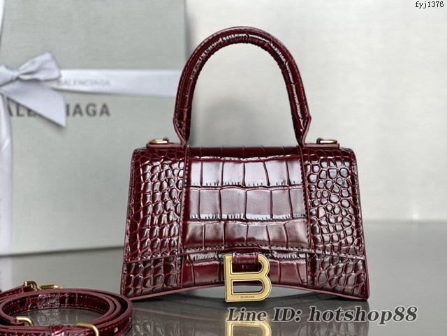 Balenciaga專櫃新款升級版鱷魚紋酒紅色手提包肩背女包 巴黎世家原廠皮版本XS號沙漏包 fyj1376