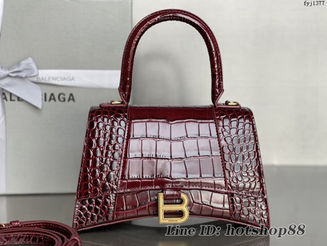 Balenciaga專櫃新款升級版鱷魚紋酒紅色手提包肩背女包 巴黎世家原廠皮版本S號沙漏包 fyj1377